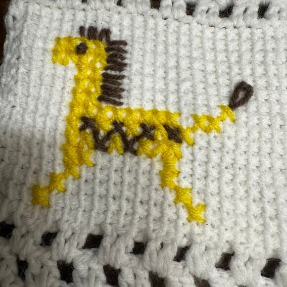 Vintage Hand Knit Quilt Crochet Afghan 36” x 36” Baby Blanket Animals Nursery - Picture 4 of 10